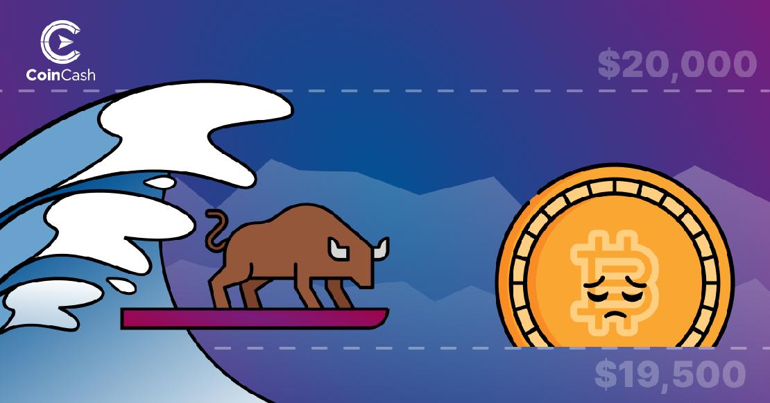 Egy nagy hullám tart egy szomorú BTC érme felé, amin egy bika szörfözik